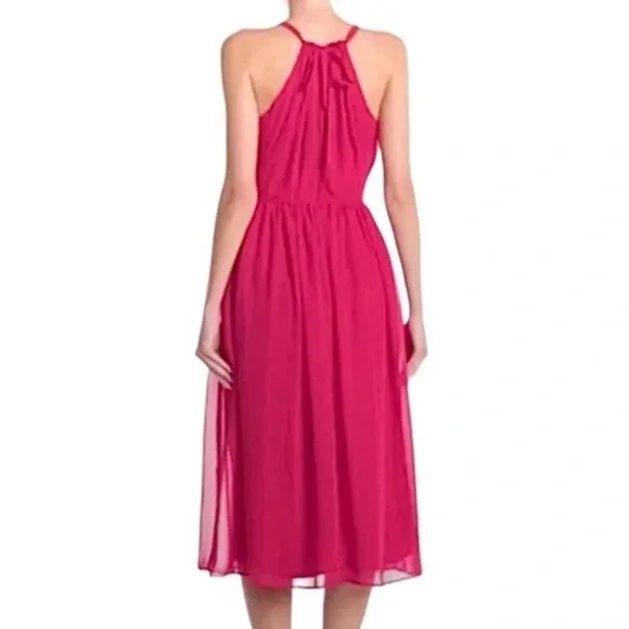 NWT Nicole Miller Halter Pleated Midi Party Dress Hot Pink 8 - Picture 2 of 4